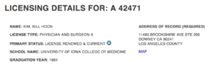 Bill Hoon Kim Medical License