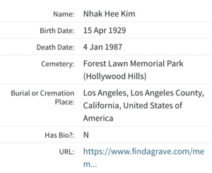 Nhak Hee Kim died 1987
